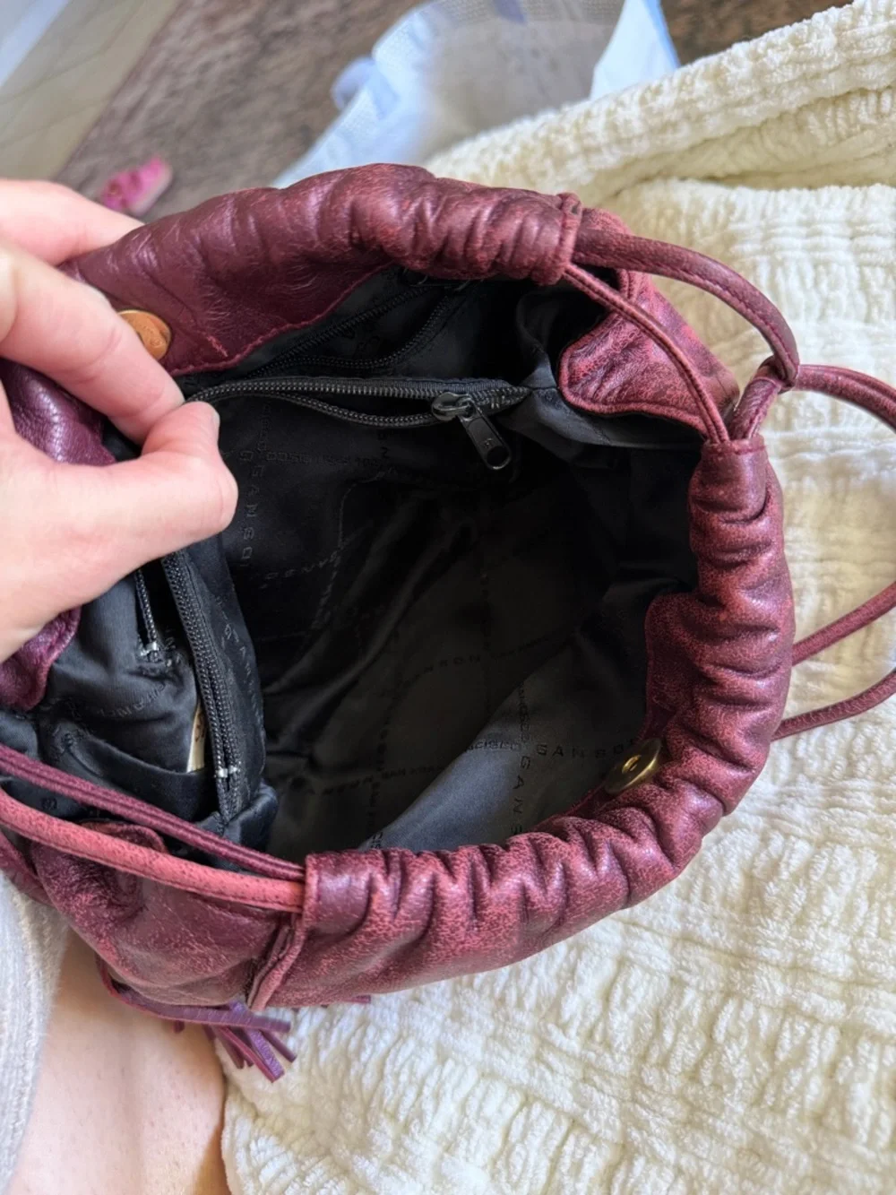 Vintage Ganson San Francisco Metallic Burgundy Leather Mini Bag‎ Tassel Y2K Boho